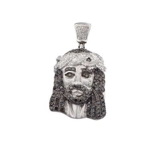 1 Inch 10K White Gold White & Black Diamond Jesus Head Pendant