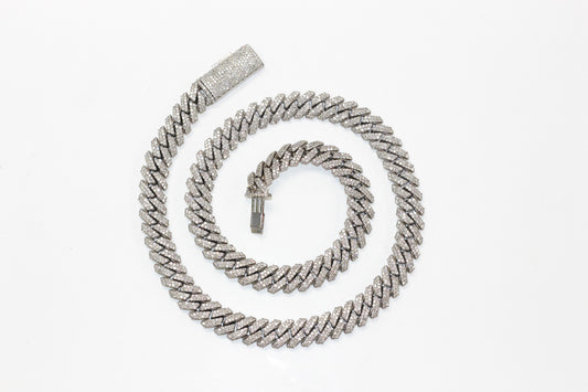 10KT White Gold Cuban Chain with Round Diamonds