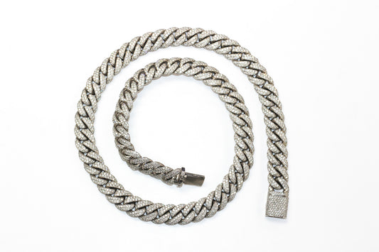 14KT White Gold Cuban Chain with Round Diamonds