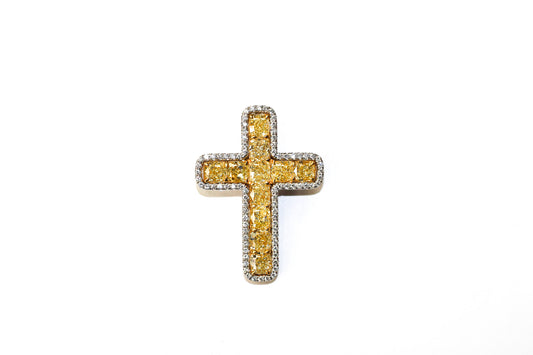 18KT White Gold Cross Pendant with Round Diamonds and Cushion Cut Yellow Diamonds(16.16ct)