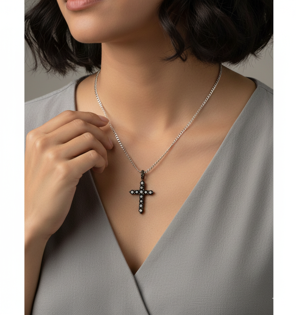 Black Stone Diamond Cross Pendant in Black gold