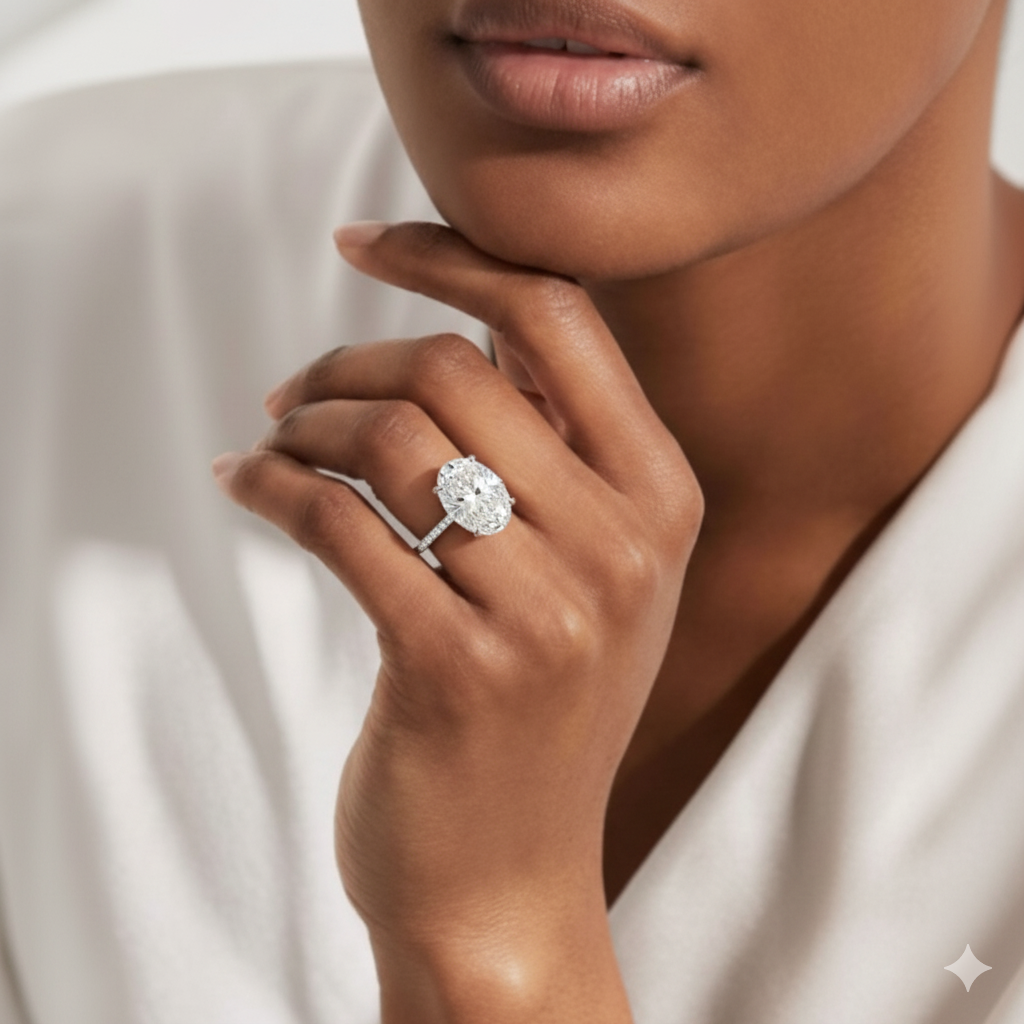 Lab Grown Diamond Oval 7ct Engagement Ring 18K with Side Diamond Band