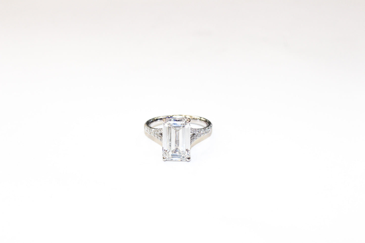 18KT White Gold Engagement Ring Emerald Cut with Round Diamonds on Band