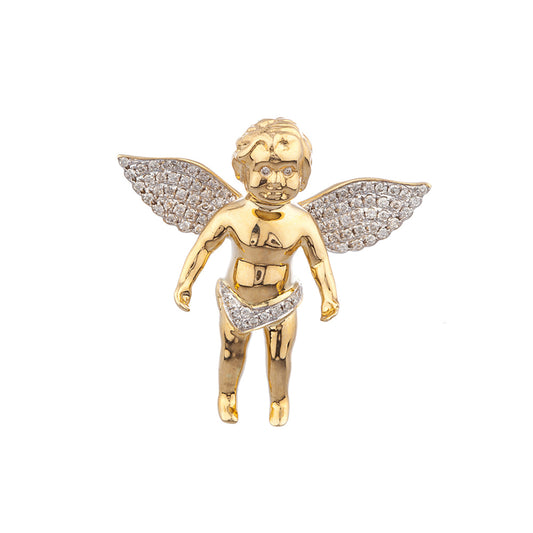 1 INCH DIAMOND ANGEL PENDANT YELLOW 10K GOLD MICRO PAVE