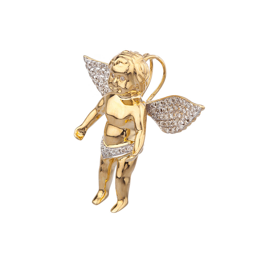 1 INCH DIAMOND ANGEL PENDANT YELLOW 10K GOLD MICRO PAVE