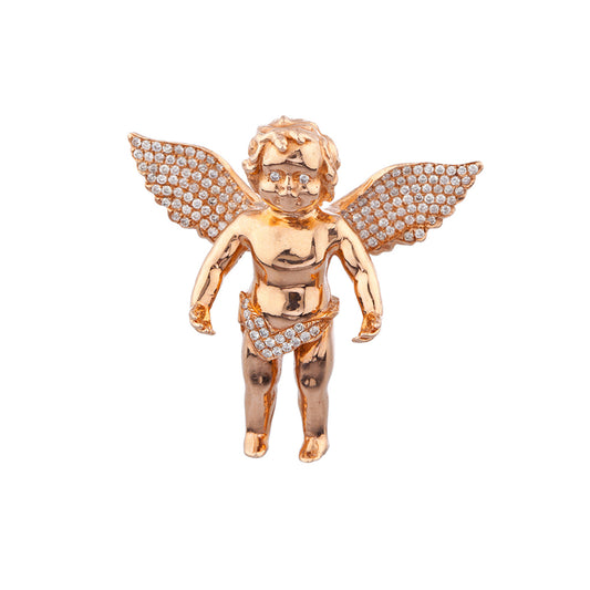 1.5 INCH DIAMOND ANGEL PENDANT ROSE 14K GOLD 1.13 CT MICRO PAVE' 22.8 GR