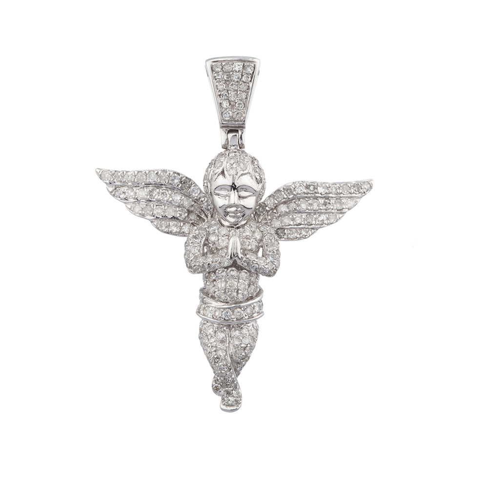 1.5 INCH DIAMOND ANGEL PENDANT WHITE 14K GOLD .69 CT MICRO PAVE' 11.3 GR