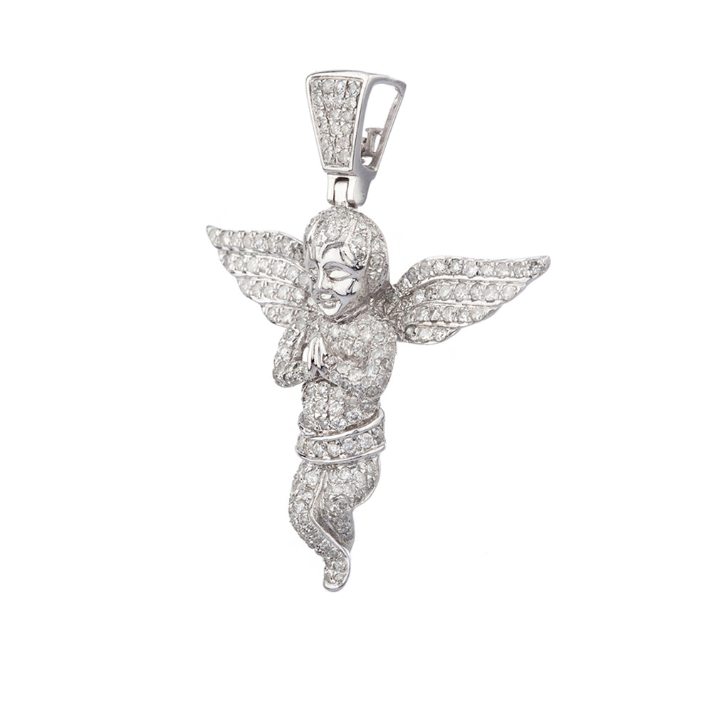 1.5 INCH DIAMOND ANGEL PENDANT WHITE 14K GOLD .69 CT MICRO PAVE' 11.3 GR