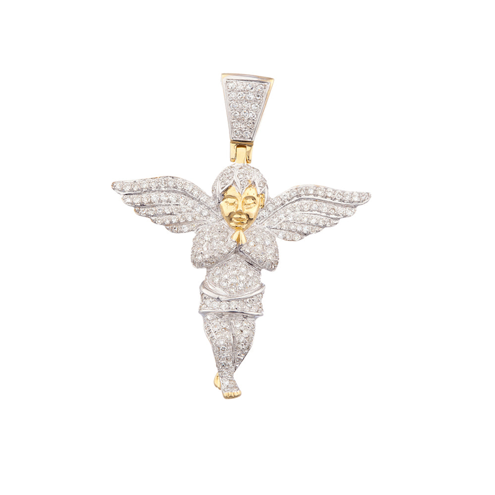 1.7 INCH DIAMOND ANGEL PENDANT YELLOW 10K GOLD 1.0 CT MICRO PAVE' 4.8 GR