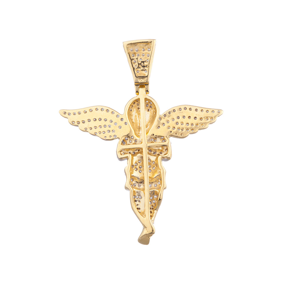 1.7 INCH DIAMOND ANGEL PENDANT YELLOW 10K GOLD 1.0 CT MICRO PAVE' 4.8 GR