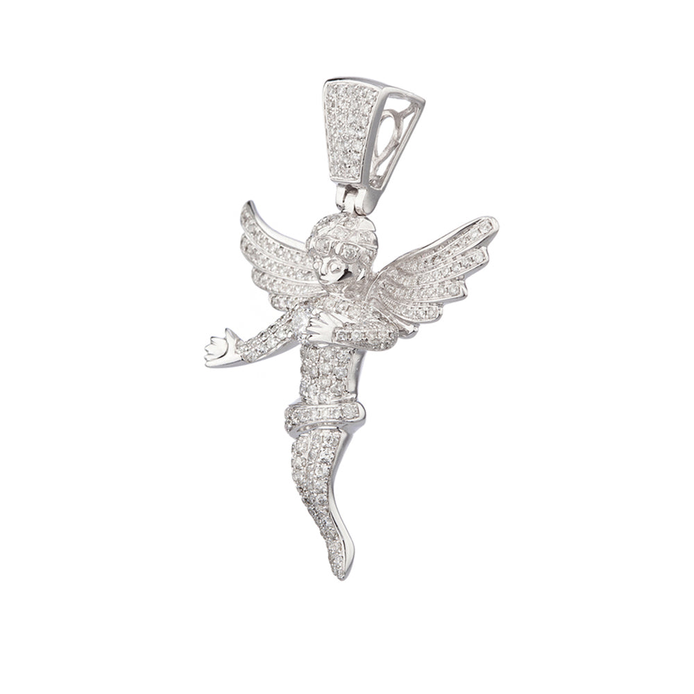 1.75 INCH DIAMOND ANGEL PENDANT WHITE 14K GOLD 1.45 CT MICRO PAVE' 11.2 GR