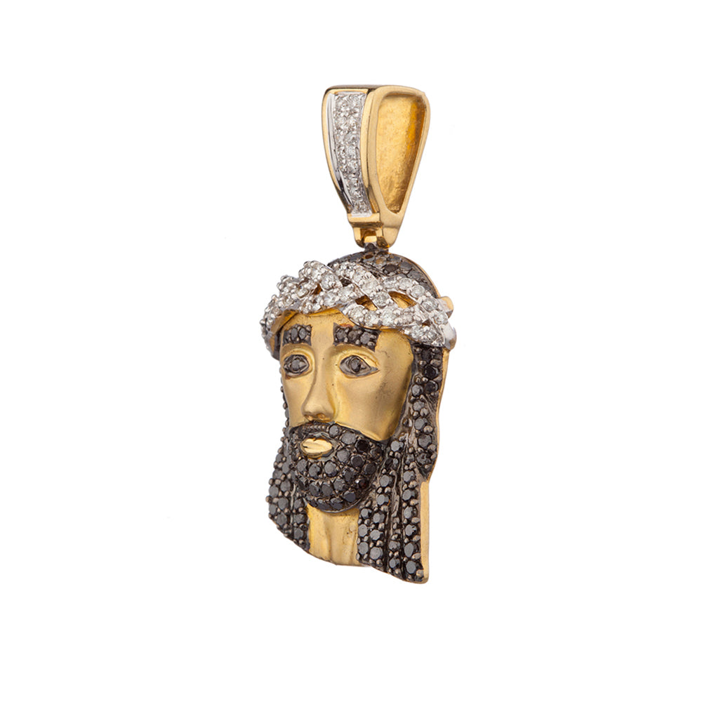 1.5 Inch Yellow Gold Black Diamond Jesus Head Pendant