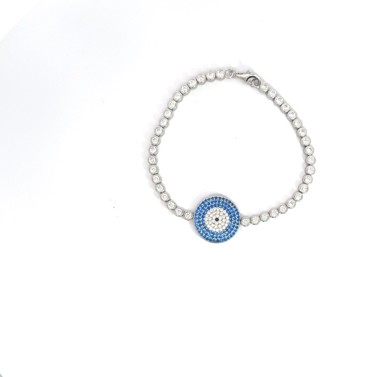 BRAND 2024 NEW 925 Sterling Silver Rhodium-plated CZ Blue Enamel Eye Adjustable Bracelet - Model: QG4621